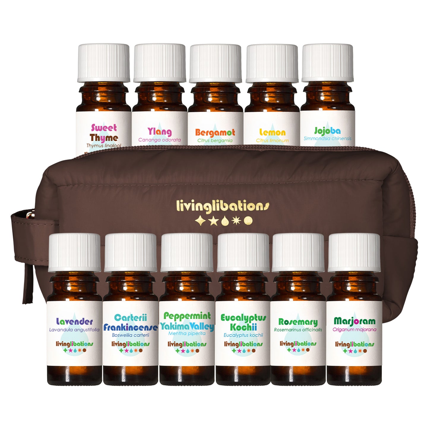 Living Libations Foundational Essences Apothecary Essential Oil Kit Mini Dopp Coffee Bean Peppermint Yakima Valley Lavender Sweet Thyme Frankincense Carterii Lemon Eucalyptus Kochii Rosemary Bergamot Marjoram Ylang Jojoba Organic Steam Distilled Wild Crafted