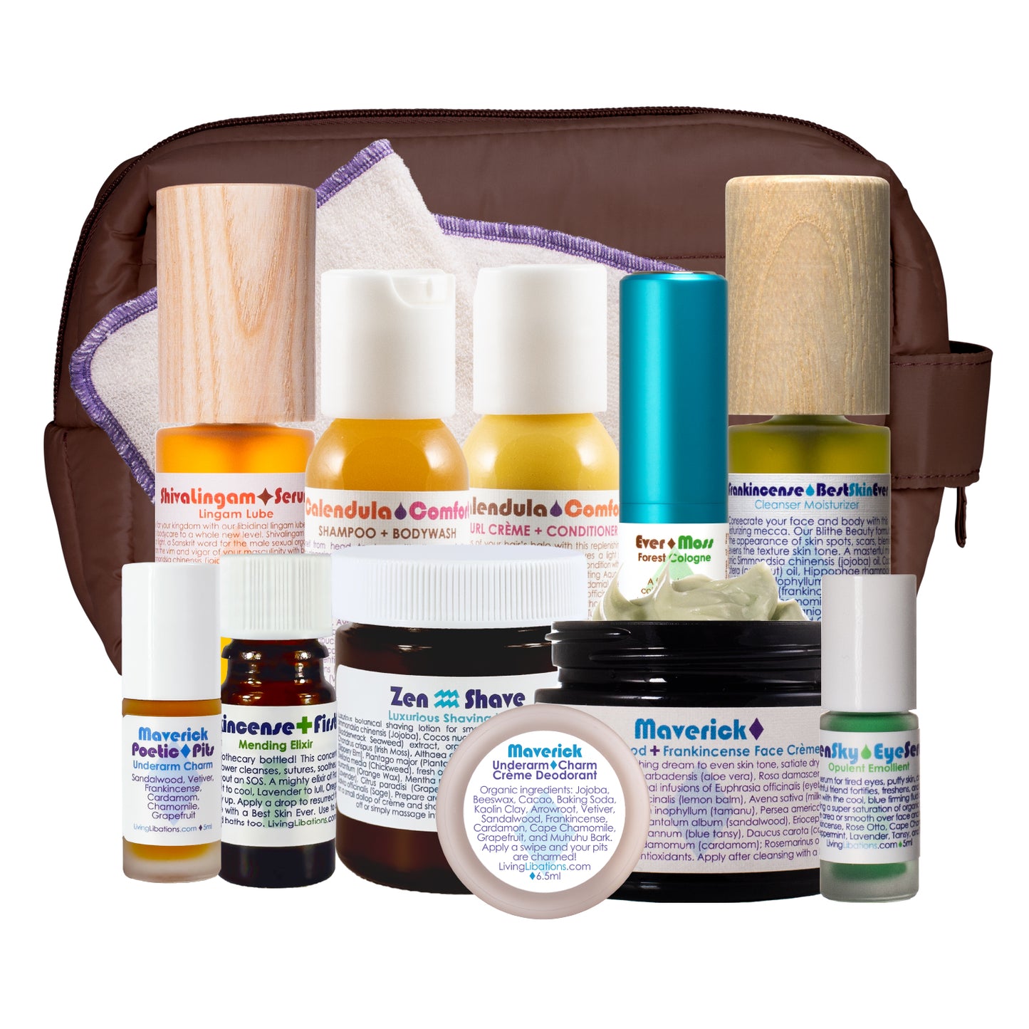MAVERICK MAN SHAVE + SKINCARE KIT Calendula Comfort Conditioner Shampoo
• Organic Hemp Face Cloth Open Sky Eye Serum Frankincense Best Skin Ever
• Creme First Aid Mending Elixir Zen Poetic Pits Underarm Charm Deodorant Ever Moss Forest Cologne ShivaLingam Lingam Lube Art of Shaving Skincare