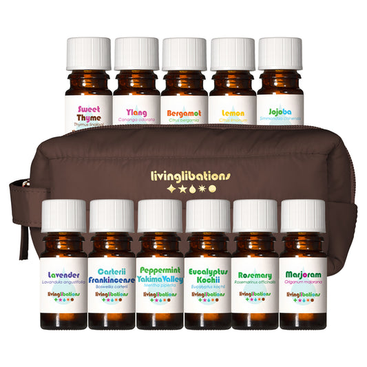 Living Libations Foundational Essences Apothecary Essential Oil Kit Mini Dopp Coffee Bean Peppermint Yakima Valley Lavender Sweet Thyme Frankincense Carterii Lemon Eucalyptus Kochii Rosemary Bergamot Marjoram Ylang Jojoba Organic Steam Distilled Wild Crafted