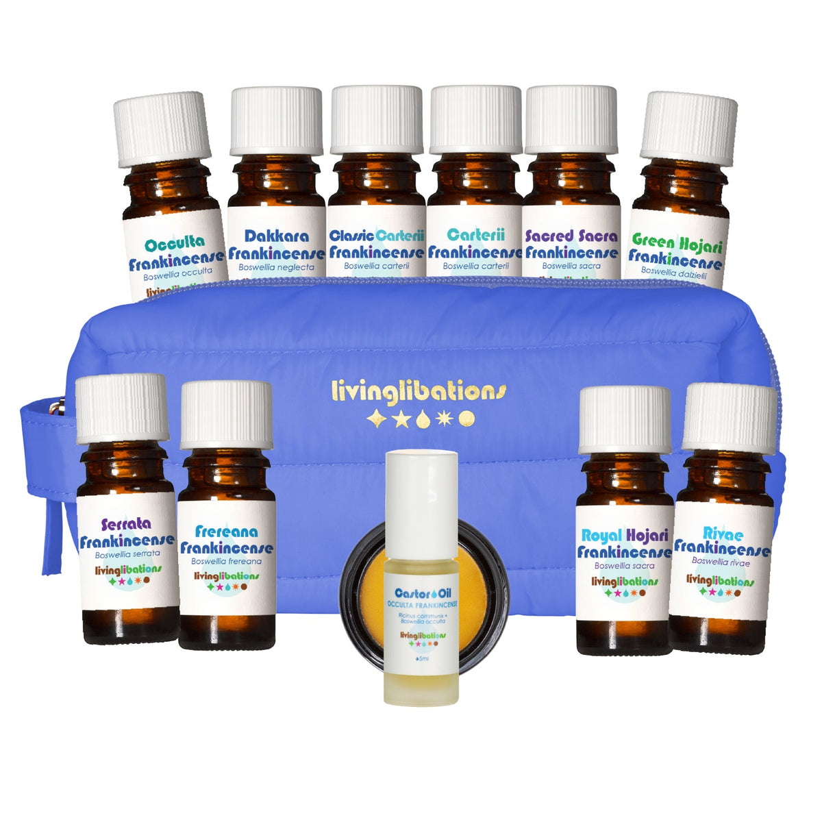 Living Libations Frankincense Legacy Collection Essential Oil Classic Carterii Ancient Olibanum Steam Distilled
CO2 Extract Occulta Sacred Sacra Royal Hojari green Serrata Frankincense Ayurvedic Frereana Rivae Dakkara Flower Honey Castor Oil Roll-On Divine  Guide Mimosa Mauve Mini Dopp Puffer Bag